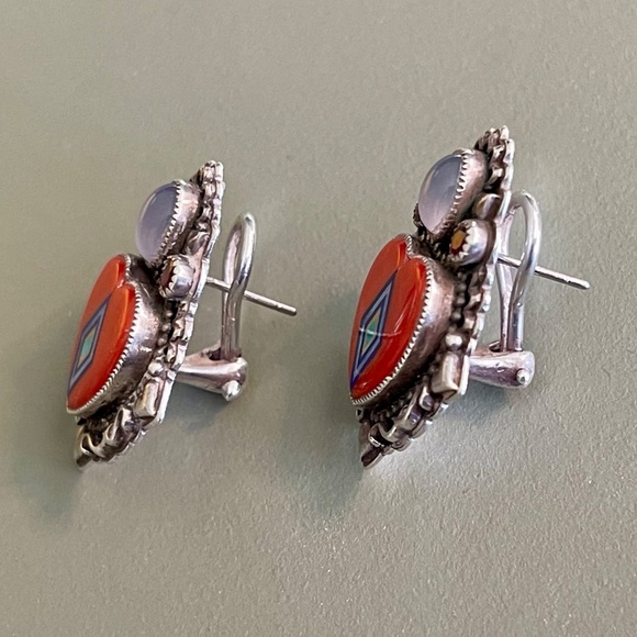Aldrich Art Sterling Silver Red Coral Inlay Earrings - Picture 2 of 4